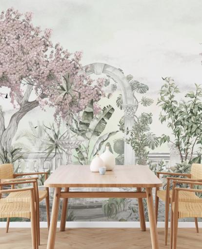 rosa og hvitt hagetapetveggmaleri kalt Pink Garden Landscape av Ms. Tiff for stuer og soverom