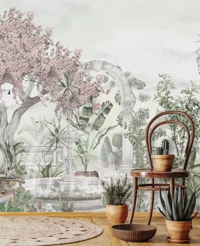 pink and white garden wallpaper mural called Pink Garden Landscape by Ms. Tiff for living rooms and bedrooms