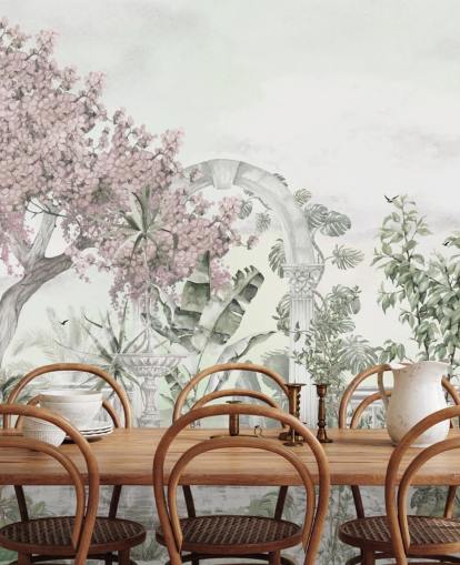 lyserødt og hvidt havetapetmaleri kaldet Pink Garden Landscape af Ms. Tiff til stuer og soveværelser