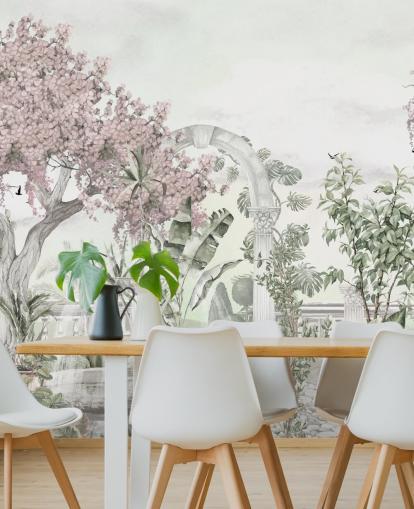 roze en witte tuinbehangmuurschildering genaamd Pink Garden Landscape van Ms. Tiff voor woon- en slaapkamers