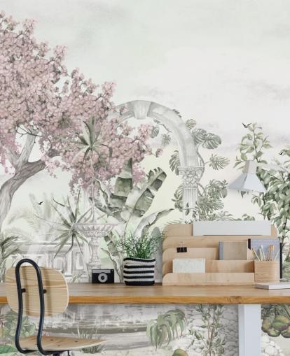 mural de papel pintado de jardín rosa y blanco llamado Pink Garden Landscape de Ms. Tiff para salas de estar y dormitorios mural de papel pintado de jardín rosa y blanco llamado Pink Garden Landscape de Ms. Tiff para salas de estar y dormitorios