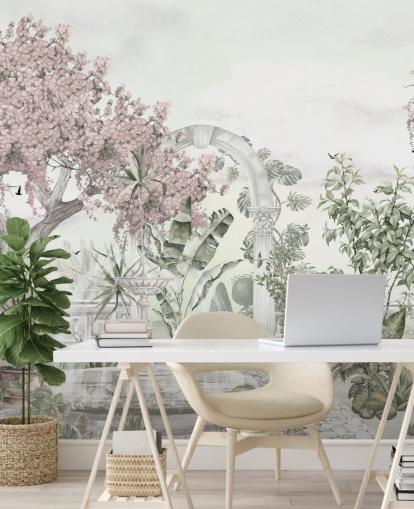 pink and white garden wallpaper mural called Pink Garden Landscape by Ms. Tiff for living rooms and bedrooms