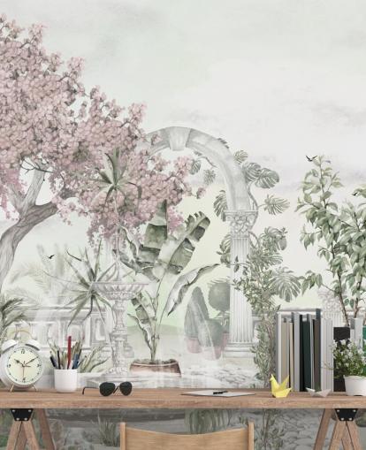 Ms. Tiffin vaaleanpunainen ja valkoinen puutarhatapettiseinämaalaus nimeltä Pink Garden Landscape olohuoneisiin ja makuuhuoneisiin Ms. Tiffin vaaleanpunainen ja valkoinen puutarhatapettiseinämaalaus nimeltä Pink Garden Landscape olohuoneisiin ja makuuhuoneisiin