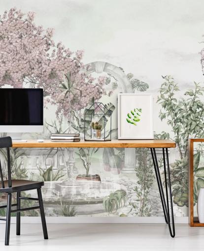 Ms. Tiffin vaaleanpunainen ja valkoinen puutarhatapettiseinämaalaus nimeltä Pink Garden Landscape olohuoneisiin ja makuuhuoneisiin