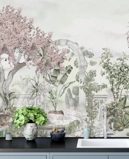 Ms. Tiffin vaaleanpunainen ja valkoinen puutarhatapettiseinämaalaus nimeltä Pink Garden Landscape olohuoneisiin ja makuuhuoneisiin