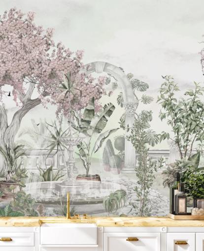 rosa-weiße Gartentapete namens Pink Garden Landscape von Ms. Tiff für Wohn- und Schlafzimmer