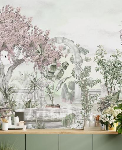 carta da parati murale rosa e bianca da giardino chiamata Pink Garden Landscape di Ms. Tiff per salotti e camere da letto