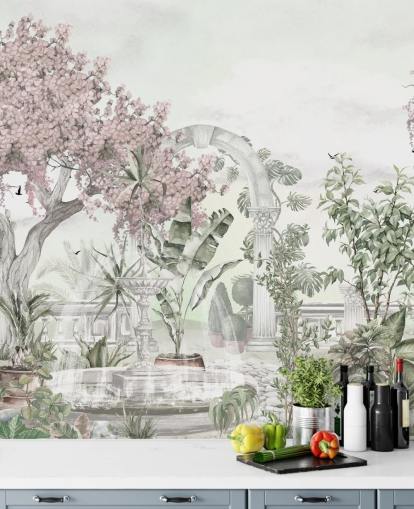 rosa-weiße Gartentapete namens Pink Garden Landscape von Ms. Tiff für Wohn- und Schlafzimmer rosa-weiße Gartentapete namens Pink Garden Landscape von Ms. Tiff für Wohn- und Schlafzimmer