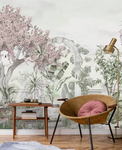 roze en witte tuinbehangmuurschildering genaamd Pink Garden Landscape van Ms. Tiff voor woon- en slaapkamers roze en witte tuinbehangmuurschildering genaamd Pink Garden Landscape van Ms. Tiff voor woon- en slaapkamers