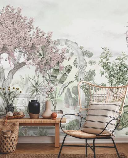 pink and white garden wallpaper mural called Pink Garden Landscape by Ms. Tiff for living rooms and bedrooms
