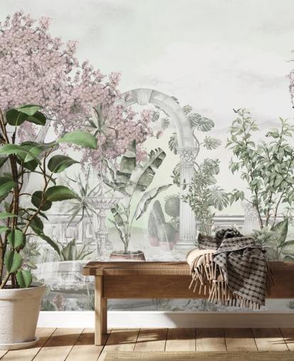 rosa och vit trädgårdstapetväggmålning som heter Pink Garden Landscape av Ms. Tiff för vardagsrum och sovrum