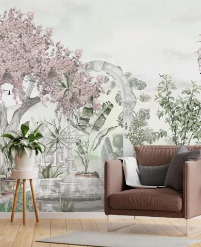 rosa og hvitt hagetapetveggmaleri kalt Pink Garden Landscape av Ms. Tiff for stuer og soverom