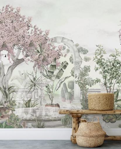 lyserødt og hvidt havetapetmaleri kaldet Pink Garden Landscape af Ms. Tiff til stuer og soveværelser