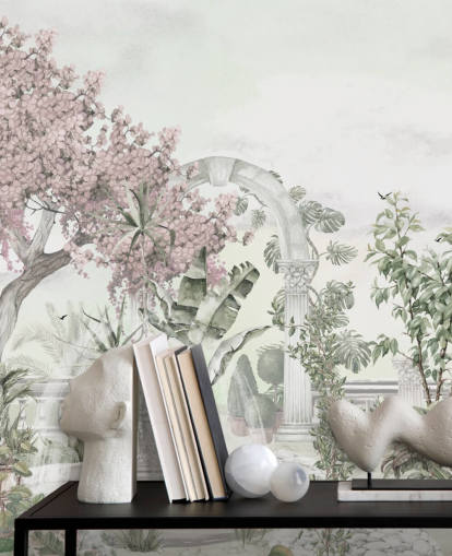 rosa-weiße Gartentapete namens Pink Garden Landscape von Ms. Tiff für Wohn- und Schlafzimmer