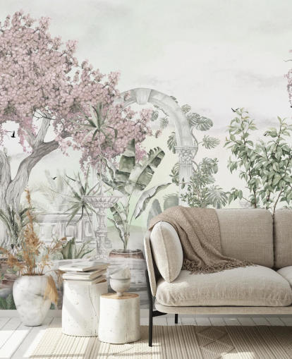 mural de papel de parede de jardim rosa e branco chamado Pink Garden Landscape da Sra. Tiff para salas de estar e quartos