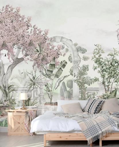 rosa och vit trädgårdstapetväggmålning som heter Pink Garden Landscape av Ms. Tiff för vardagsrum och sovrum rosa och vit trädgårdstapetväggmålning som heter Pink Garden Landscape av Ms. Tiff för vardagsrum och sovrum