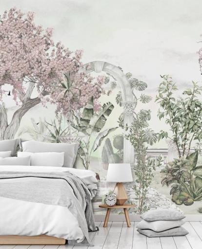 lyserødt og hvidt havetapetmaleri kaldet Pink Garden Landscape af Ms. Tiff til stuer og soveværelser