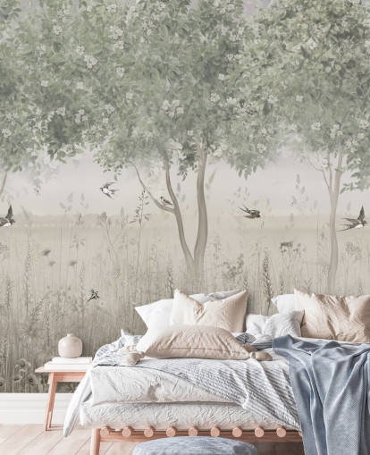 mural verde personalizable de papel pintado de jardín llamado The Garden of Morning Calm de Ms. Tiff