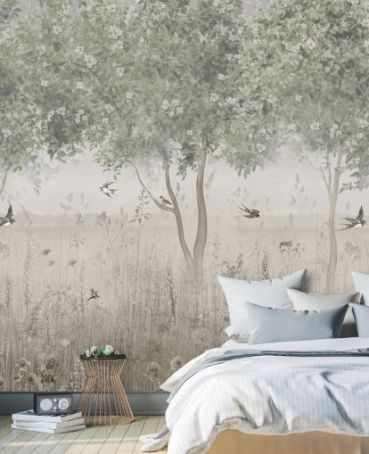 groene aanpasbare tuinbehangmuurschildering genaamd The Garden of Morning Calm van Ms. Tiff