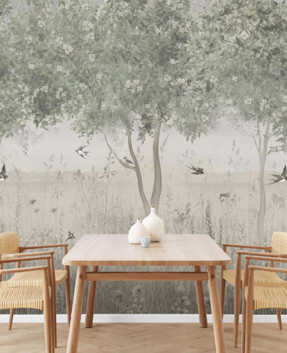 green customisable garden wallpaper mural called The Garden of Morning Calm by Ms. Tiff