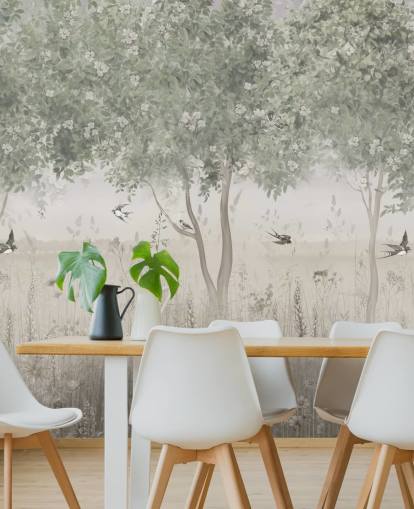 groene aanpasbare tuinbehangmuurschildering genaamd The Garden of Morning Calm van Ms. Tiff