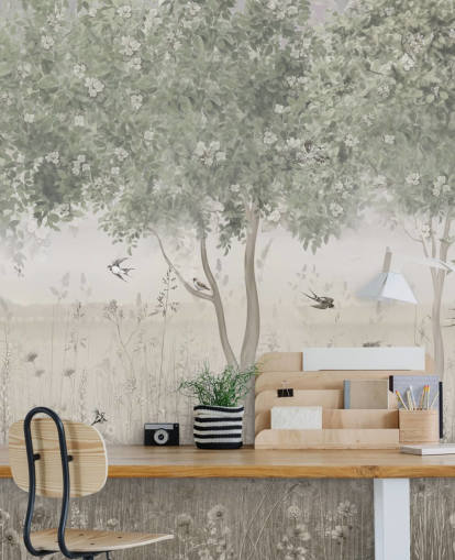 green customizable garden wallpaper mural called The Garden of Morning Calm by Ms. Tiff
