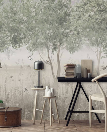 groene aanpasbare tuinbehangmuurschildering genaamd The Garden of Morning Calm van Ms. Tiff