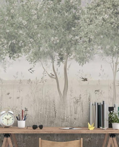 groene aanpasbare tuinbehangmuurschildering genaamd The Garden of Morning Calm van Ms. Tiff