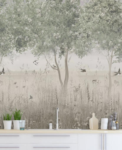 green customizable garden wallpaper mural called The Garden of Morning Calm by Ms. Tiff