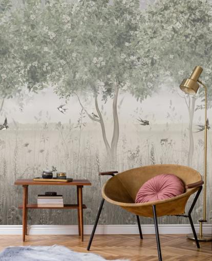 green customisable garden wallpaper mural called The Garden of Morning Calm by Ms. Tiff