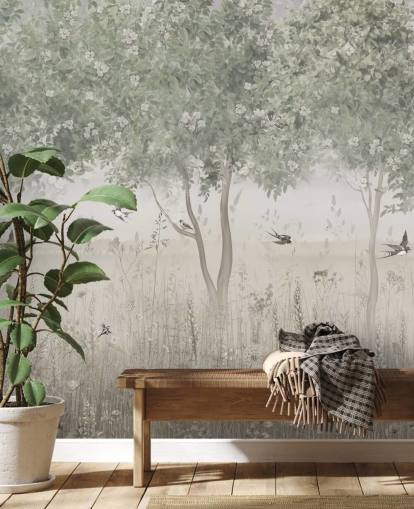 carta da parati da giardino personalizzabile verde chiamata The Garden of Morning Calm di Ms. Tiff