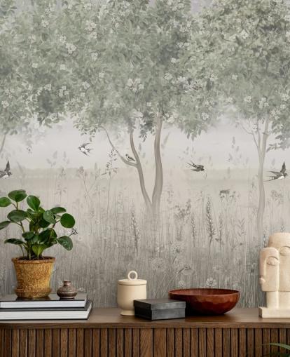 green customisable garden wallpaper mural called The Garden of Morning Calm by Ms. Tiff