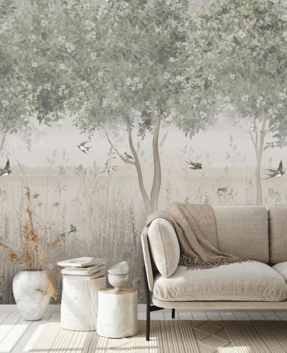 groene aanpasbare tuinbehangmuurschildering genaamd The Garden of Morning Calm van Ms. Tiff groene aanpasbare tuinbehangmuurschildering genaamd The Garden of Morning Calm van Ms. Tiff