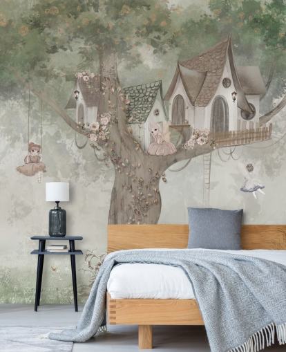 green kids fairy wallpaper mural called Treehouse Imagination by Ms. Tiff for nurseries and children's bedrooms green kids fairy wallpaper mural called Treehouse Imagination by Ms. Tiff for nurseries and children's bedrooms