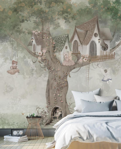 Carta da parati murale con fata verde per bambini chiamata Treehouse Imagination di Ms. Tiff per asili nido e camerette