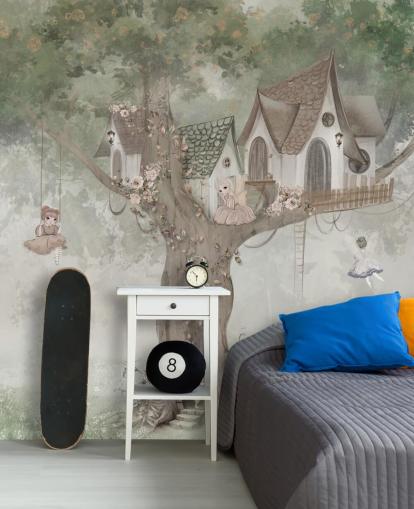 Carta da parati murale con fata verde per bambini chiamata Treehouse Imagination di Ms. Tiff per asili nido e camerette Carta da parati murale con fata verde per bambini chiamata Treehouse Imagination di Ms. Tiff per asili nido e camerette