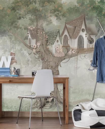 green kids fairy wallpaper mural called Treehouse Imagination by Ms. Tiff for nurseries and children's bedrooms