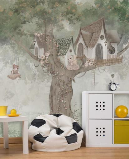 grüne Feentapete für Kinder namens Treehouse Imagination von Ms. Tiff für Kinder- und Kinderzimmer