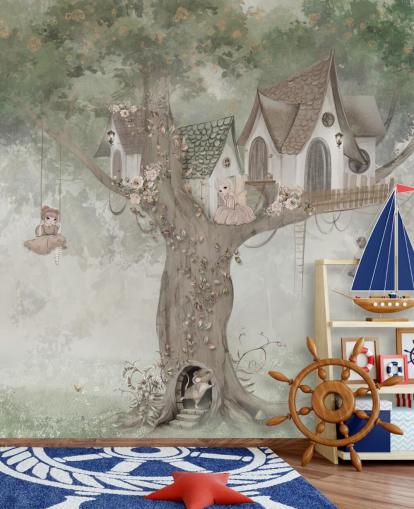 Carta da parati murale con fata verde per bambini chiamata Treehouse Imagination di Ms. Tiff per asili nido e camerette Carta da parati murale con fata verde per bambini chiamata Treehouse Imagination di Ms. Tiff per asili nido e camerette