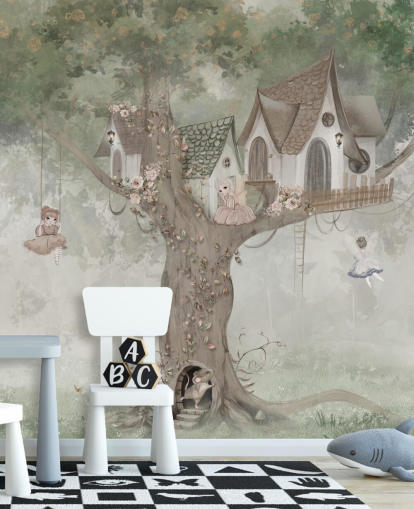 green kids fairy wallpaper mural called Treehouse Imagination by Ms. Tiff for nurseries and children's bedrooms