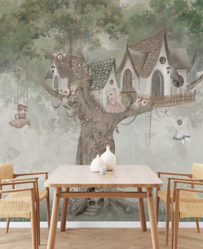 green kids fairy wallpaper mural called Treehouse Imagination by Ms. Tiff for nurseries and children's bedrooms