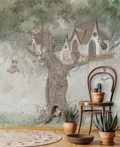 grønne børnefe tapetmaleri kaldet Treehouse Imagination af fru Tiff til børnehaver og børns soveværelser