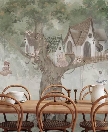 grüne Feentapete für Kinder namens Treehouse Imagination von Ms. Tiff für Kinder- und Kinderzimmer grüne Feentapete für Kinder namens Treehouse Imagination von Ms. Tiff für Kinder- und Kinderzimmer