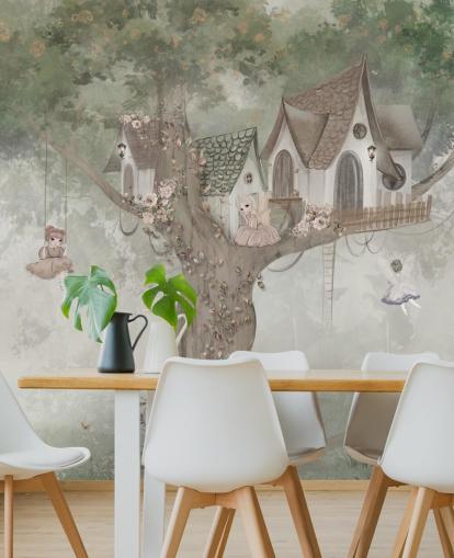 green kids fairy wallpaper mural called Treehouse Imagination by Ms. Tiff for nurseries and children's bedrooms