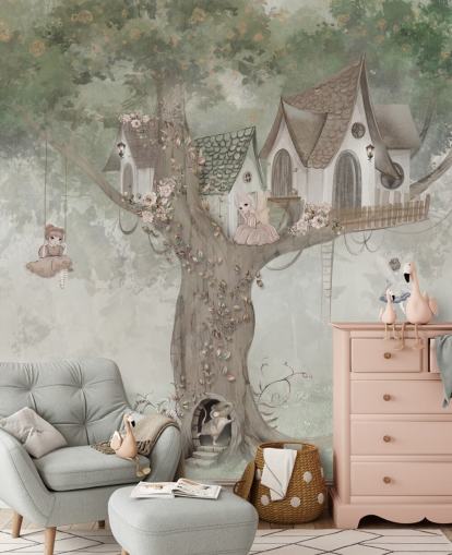 green kids fairy wallpaper mural called Treehouse Imagination by Ms. Tiff for nurseries and children's bedrooms green kids fairy wallpaper mural called Treehouse Imagination by Ms. Tiff for nurseries and children's bedrooms