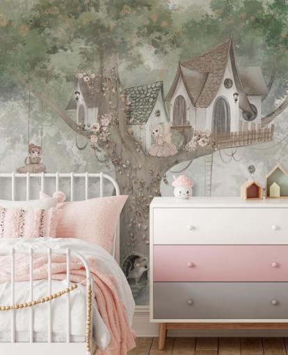 green kids fairy wallpaper mural called Treehouse Imagination by Ms. Tiff for nurseries and children's bedrooms