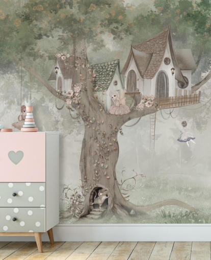 green kids fairy wallpaper mural called Treehouse Imagination by Ms. Tiff for nurseries and children's bedrooms green kids fairy wallpaper mural called Treehouse Imagination by Ms. Tiff for nurseries and children's bedrooms