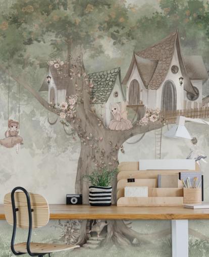 green kids fairy wallpaper mural called Treehouse Imagination by Ms. Tiff for nurseries and children's bedrooms