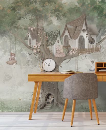 green kids fairy wallpaper mural called Treehouse Imagination by Ms. Tiff for nurseries and children's bedrooms