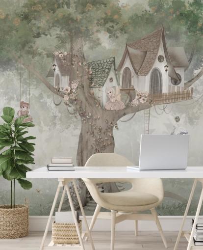 green kids fairy wallpaper mural called Treehouse Imagination by Ms. Tiff for nurseries and children's bedrooms